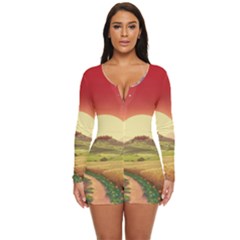 Landscape Sunset Orange Sky Pathway Art Long Sleeve Boyleg Swimsuit by Ravend