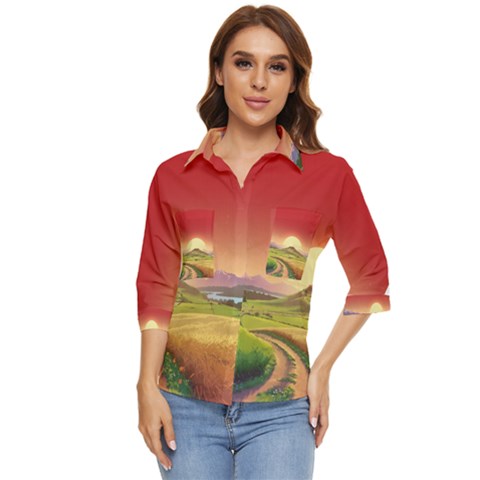 Landscape Sunset Orange Sky Pathway Art Women s Quarter Sleeve Pocket Shirt by Ravend