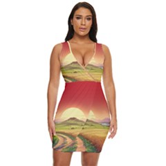 Landscape Sunset Orange Sky Pathway Art Draped Bodycon Dress by Ravend