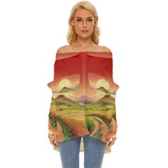 Landscape Sunset Orange Sky Pathway Art Off Shoulder Chiffon Pocket Shirt by Ravend