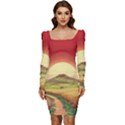 Landscape Sunset Orange Sky Pathway Art Women Long Sleeve Ruched Stretch Jersey Dress View1