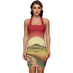 Landscape Sunset Orange Sky Pathway Art Sleeveless Wide Square Neckline Ruched Bodycon Dress by Ravend