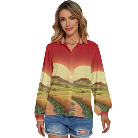 Landscape Sunset Orange Sky Pathway Art Women s Long Sleeve Button Up Shirt by Ravend