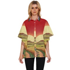 Landscape Sunset Orange Sky Pathway Art Women s Batwing Button Up Shirt