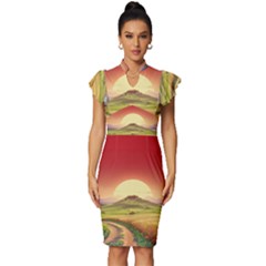 Landscape Sunset Orange Sky Pathway Art Vintage Frill Sleeve V-neck Bodycon Dress by Ravend