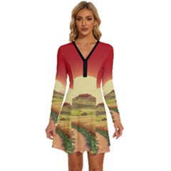 Landscape Sunset Orange Sky Pathway Art Long Sleeve Deep V Mini Dress  by Ravend