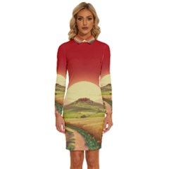 Landscape Sunset Orange Sky Pathway Art Long Sleeve Shirt Collar Bodycon Dress by Ravend