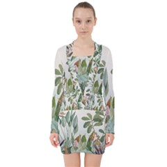 Tropical Jungle Plants V-neck Bodycon Long Sleeve Dress by Ravend