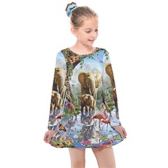 Beautiful Jungle Animals Kids  Long Sleeve Dress by Ravend