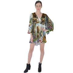 Beautiful Jungle Animals V-neck Flare Sleeve Mini Dress by Ravend