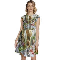 Beautiful Jungle Animals Cap Sleeve High Waist Dress