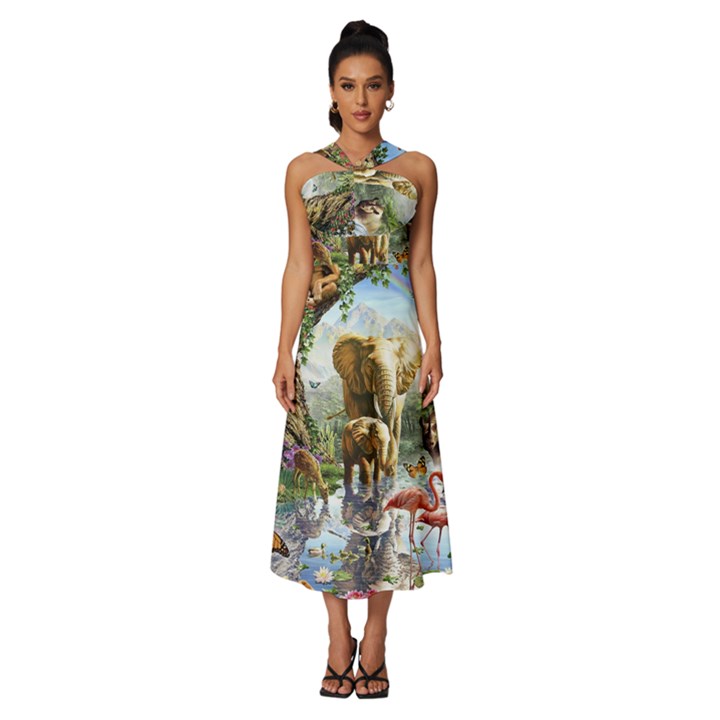 Beautiful Jungle Animals Sleeveless Cross Front Cocktail Midi Chiffon Dress