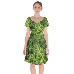 Green Pine Forest Short Sleeve Bardot Dress by Ravend