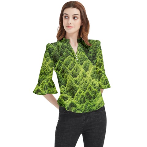 Green Pine Forest Loose Horn Sleeve Chiffon Blouse by Ravend