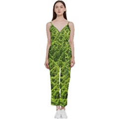 Green Pine Forest V-neck Spaghetti Strap Tie Front Jumpsuit by Ravend