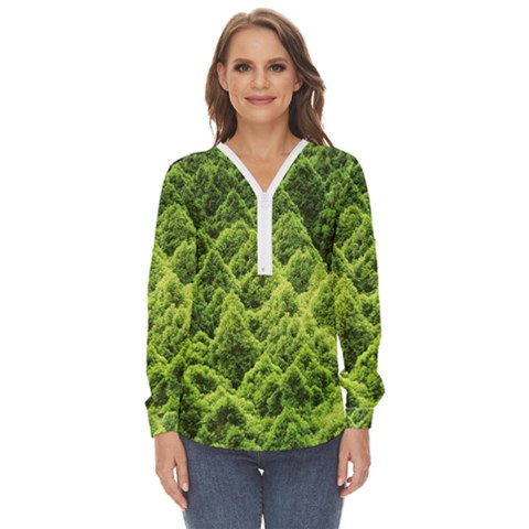 Green Pine Forest Zip Up Long Sleeve Blouse by Ravend