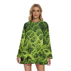 Green Pine Forest Round Neck Long Sleeve Bohemian Style Chiffon Mini Dress by Ravend