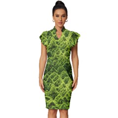 Green Pine Forest Vintage Frill Sleeve V-neck Bodycon Dress by Ravend