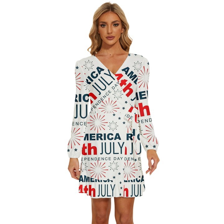 Independence Day Usa Long Sleeve Waist Tie Ruffle Velvet Dress