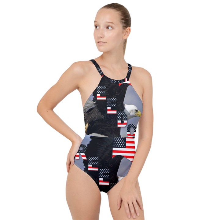 Freedom Patriotic American Usa High Neck One Piece Swimsuit