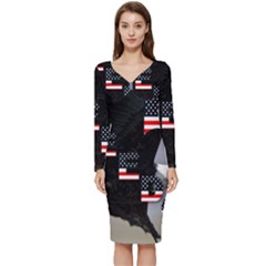 Freedom Patriotic American Usa Long Sleeve V-neck Bodycon Dress  by Ravend