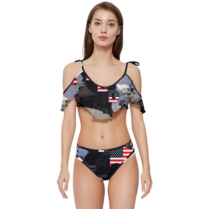 Freedom Patriotic American Usa Ruffle Edge Tie Up Bikini Set	