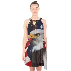 Fourth Of July Independence Day Usa American Pride Halter Collar Waist Tie Chiffon Dress by Ravend