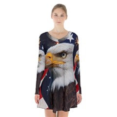 Fourth Of July Independence Day Usa American Pride Long Sleeve Velvet V-neck Dress by Ravend