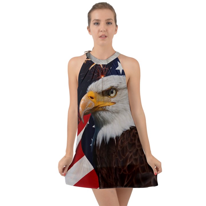 Fourth Of July Independence Day Usa American Pride Halter Tie Back Chiffon Dress