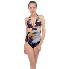 Fourth Of July Independence Day Usa American Pride Halter Front Plunge Swimsuit by Ravend