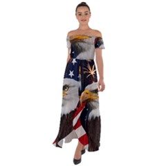 Fourth Of July Independence Day Usa American Pride Off Shoulder Open Front Chiffon Dress by Ravend