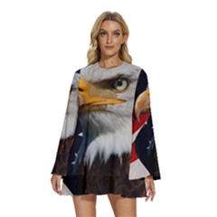 Fourth Of July Independence Day Usa American Pride Round Neck Long Sleeve Bohemian Style Chiffon Mini Dress by Ravend