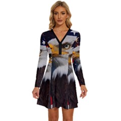 Fourth Of July Independence Day Usa American Pride Long Sleeve Deep V Mini Dress  by Ravend