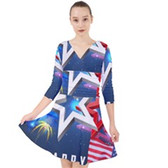 4th Of July Happy Usa Independence Day Quarter Sleeve Front Wrap Dress by Ravend