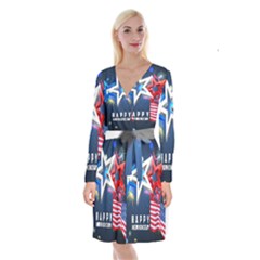 4th Of July Happy Usa Independence Day Long Sleeve Velvet Front Wrap Dress by Ravend