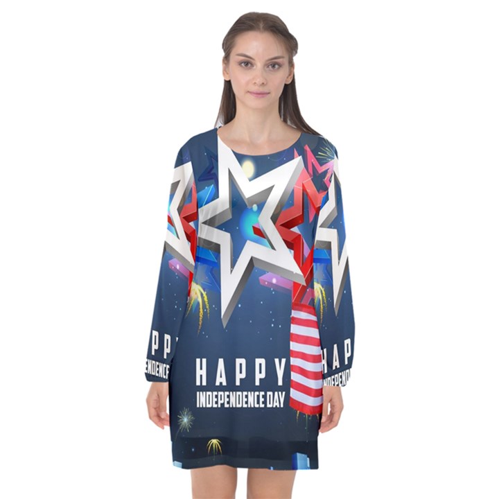 4th Of July Happy Usa Independence Day Long Sleeve Chiffon Shift Dress 