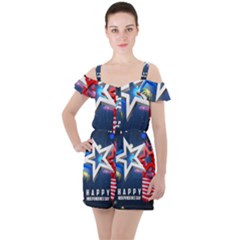 4th Of July Happy Usa Independence Day Ruffle Cut Out Chiffon Playsuit by Ravend