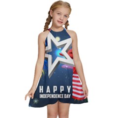 4th Of July Happy Usa Independence Day Kids  Halter Collar Waist Tie Chiffon Dress by Ravend