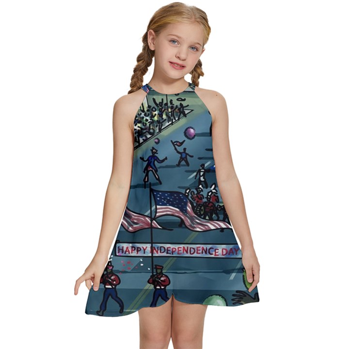 July 4th Parade Independence Day Kids  Halter Collar Waist Tie Chiffon Dress