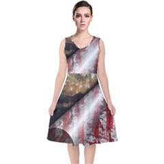 Independence Day Background Abstract Grunge American Flag V-neck Midi Sleeveless Dress  by Ravend