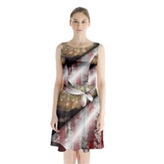 Independence Day Background Abstract Grunge American Flag Sleeveless Waist Tie Chiffon Dress by Ravend