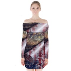 Independence Day Background Abstract Grunge American Flag Long Sleeve Off Shoulder Dress by Ravend