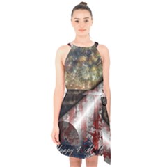 Independence Day Background Abstract Grunge American Flag Halter Collar Waist Tie Chiffon Dress by Ravend