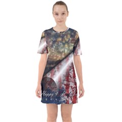 Independence Day Background Abstract Grunge American Flag Sixties Short Sleeve Mini Dress by Ravend