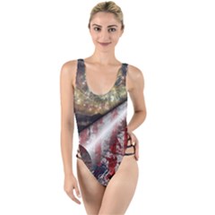 Independence Day Background Abstract Grunge American Flag High Leg Strappy Swimsuit by Ravend