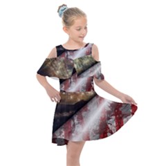 Independence Day Background Abstract Grunge American Flag Kids  Shoulder Cutout Chiffon Dress by Ravend