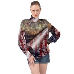 Independence Day Background Abstract Grunge American Flag High Neck Long Sleeve Chiffon Top by Ravend