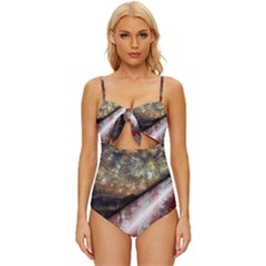 Independence Day Background Abstract Grunge American Flag Knot Front One-piece Swimsuit by Ravend