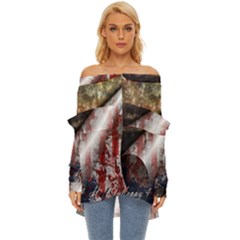 Independence Day Background Abstract Grunge American Flag Off Shoulder Chiffon Pocket Shirt by Ravend