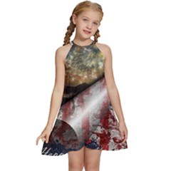 Independence Day Background Abstract Grunge American Flag Kids  Halter Collar Waist Tie Chiffon Dress by Ravend